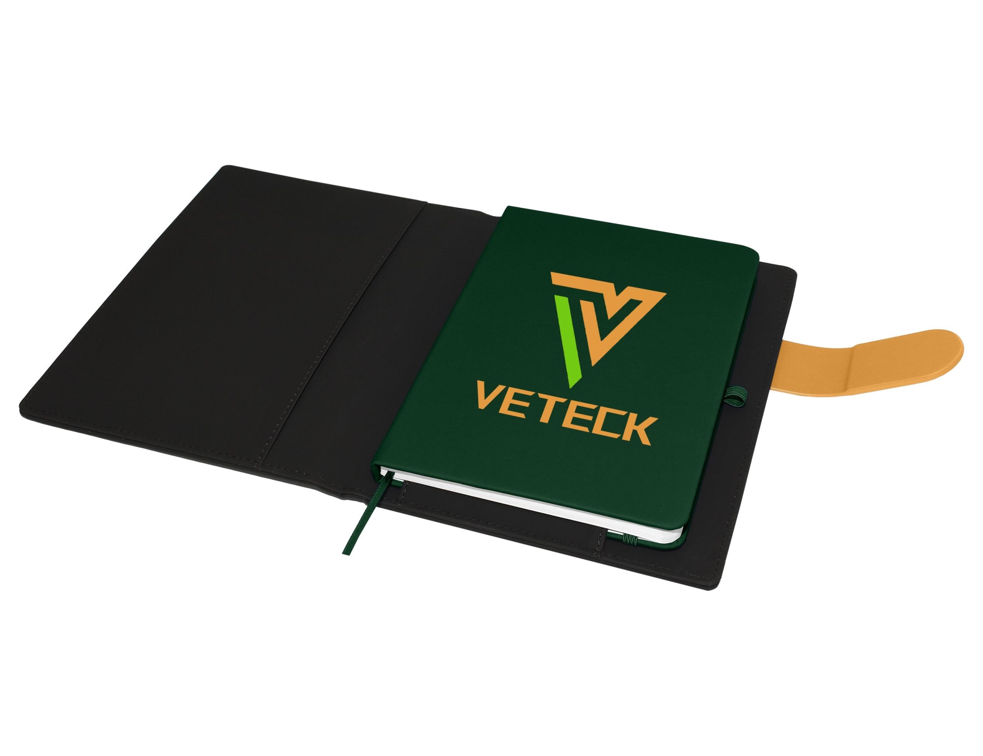 A green Carnival A5 portfolio with a logo, featuring a black cover and a tan elastic band closure.