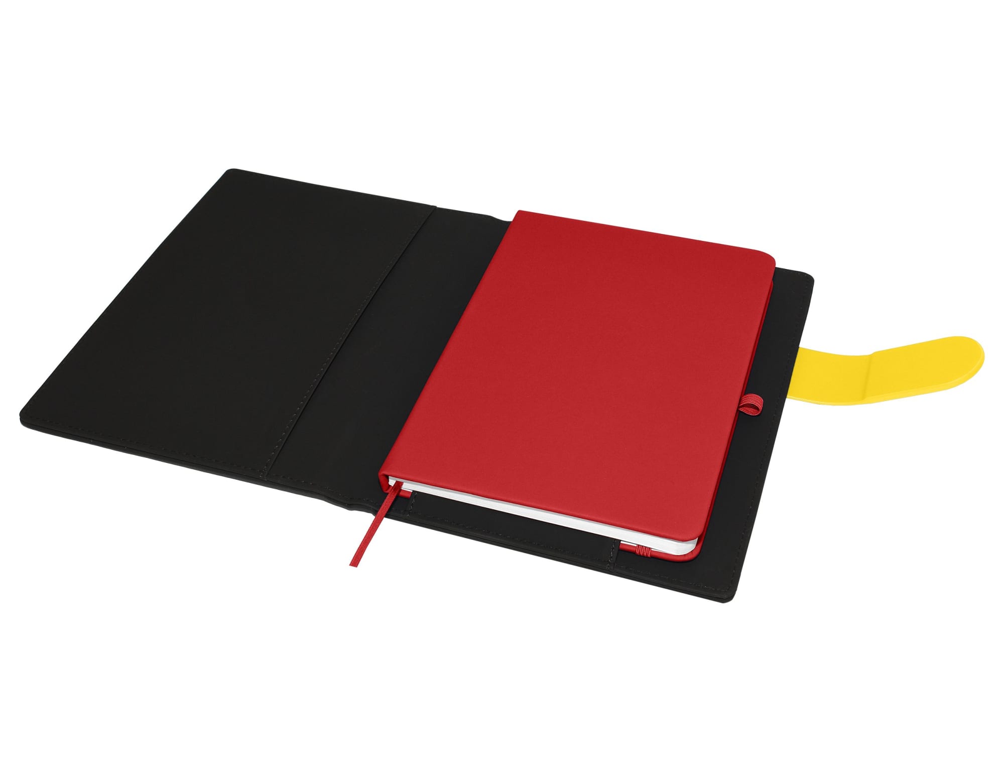 A black portfolio featuring a red notebook, with a yellow tab. Includes an inner pocket for storage.