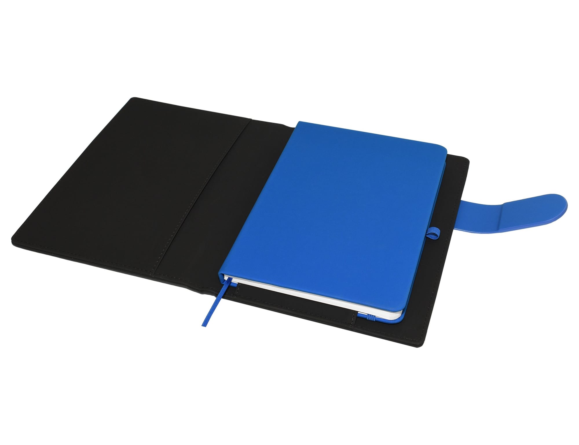 A black portfolio with a blue notebook inside and a blue elastic closure. Features a logo on the exterior.