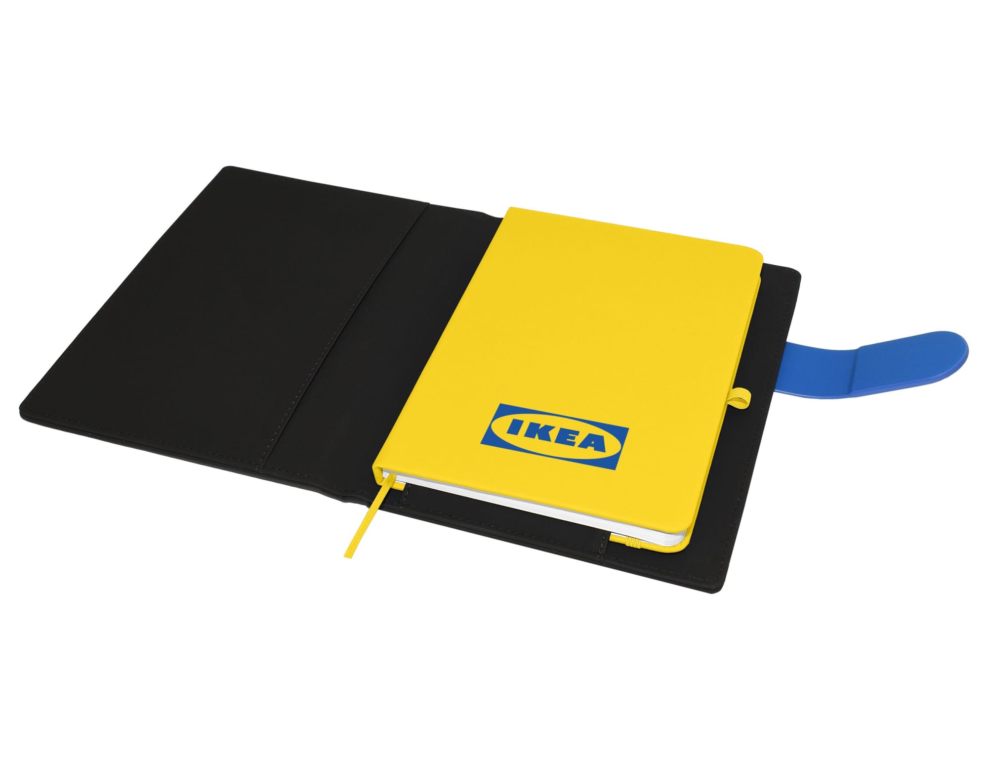 A yellow notebook with a logo inside a black portfolio, featuring a blue elastic band and bookmark.