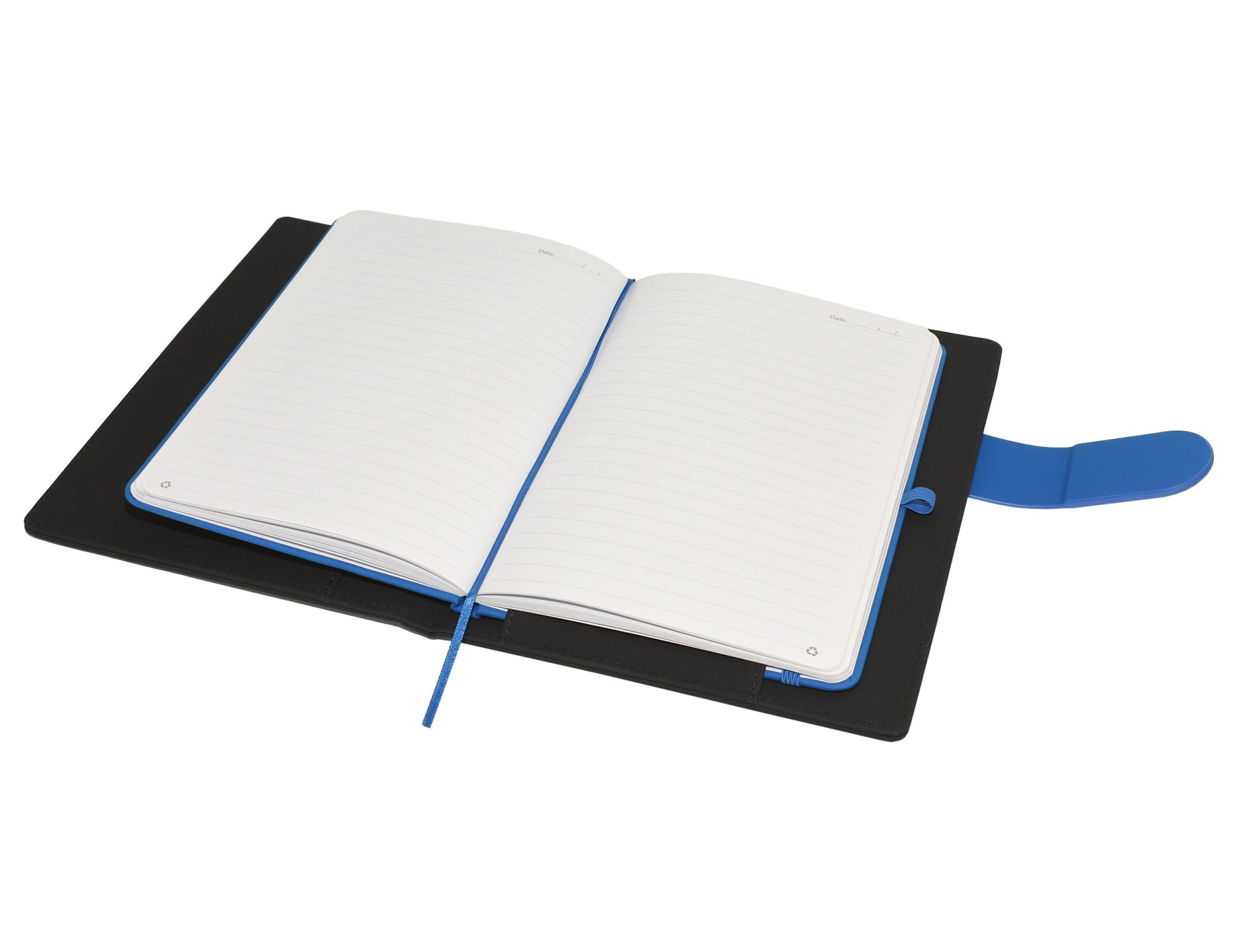 A black portfolio with a blue accent, featuring an open notebook with blank lined pages inside.