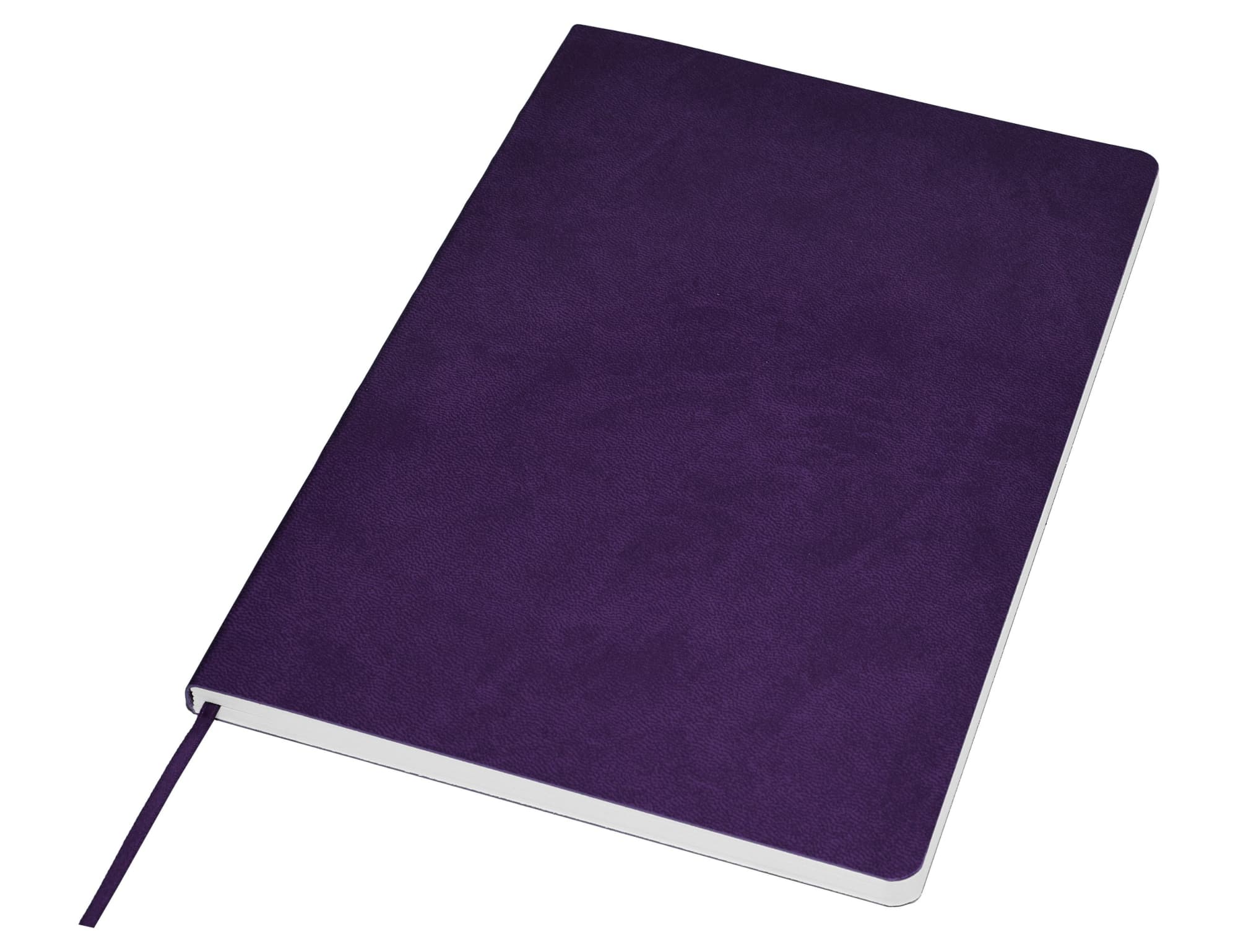 A purple A5 notebook with a textured cover, featuring a ribbon bookmark and a subtle logo.