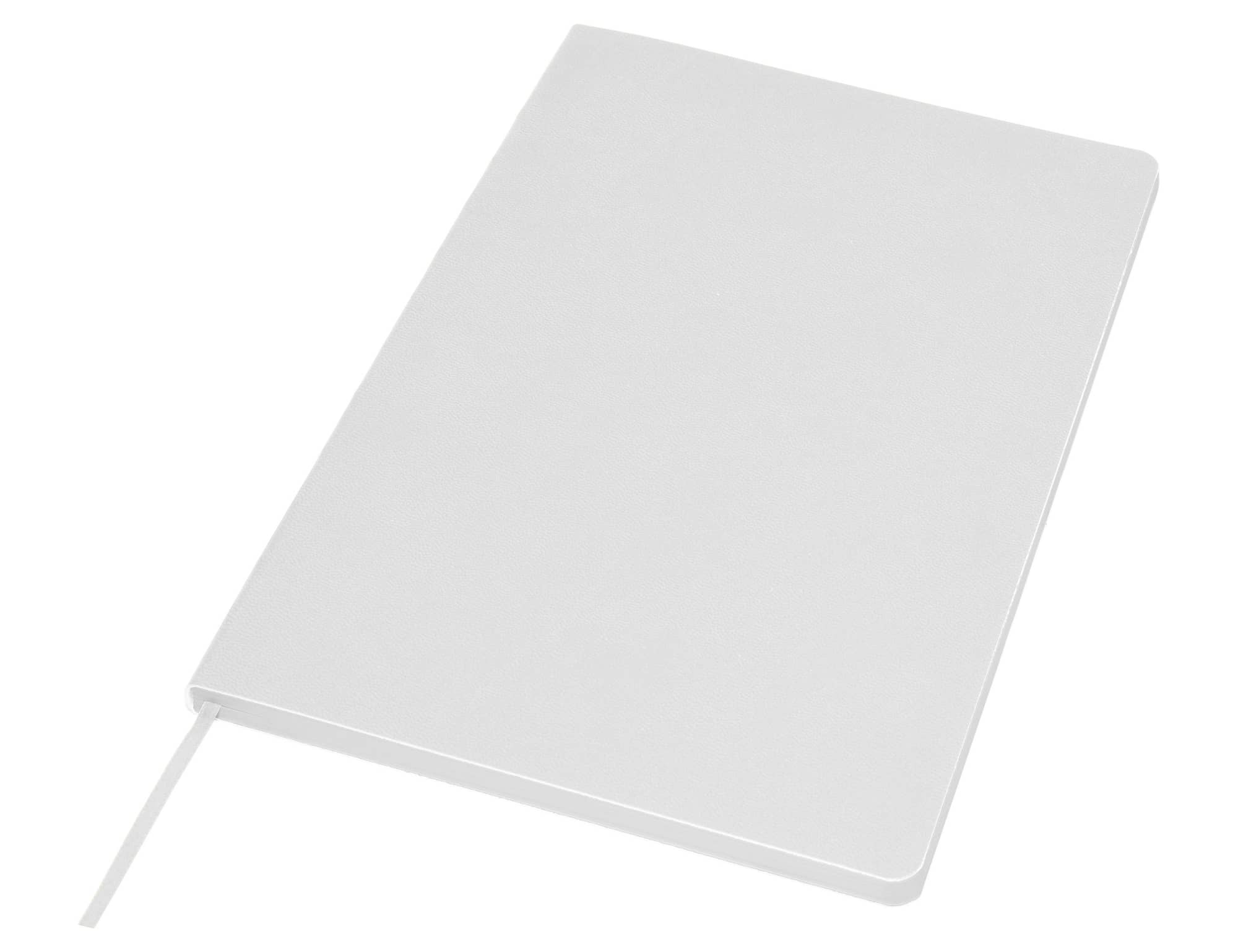A white A5 notebook with a smooth cover and a ribbon bookmark, featuring a subtle logo.