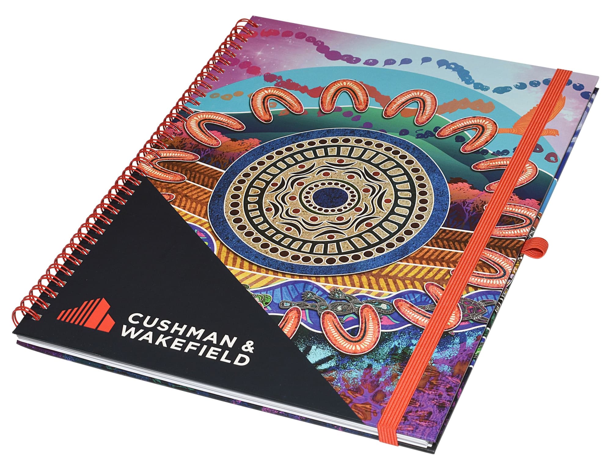 A colourful A4 side-bound notebook featuring a spiral binding and an elastic closure, with a logo on the cover.