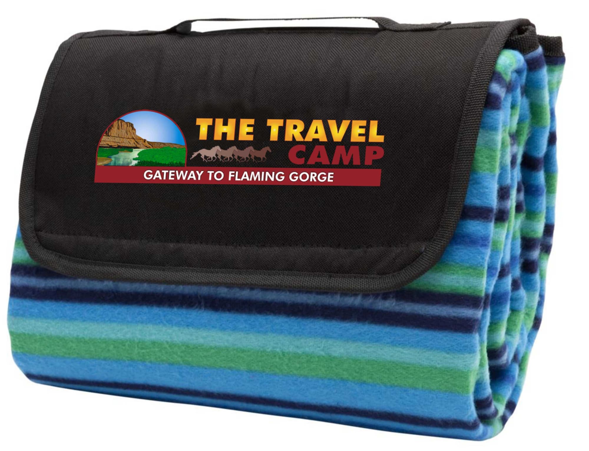 A blue and green striped picnic rug featuring a black fold-over flap with a logo. Ideal for outdoor leisure activities.