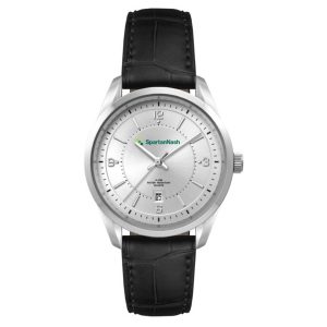 A silver casual dress watch with a black leather strap, featuring a silver dial and a logo on the face.