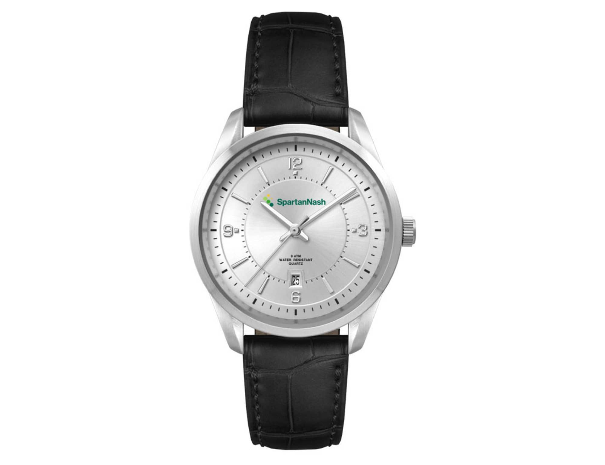 A silver casual dress watch with a black leather strap, featuring a silver dial and a logo on the face.