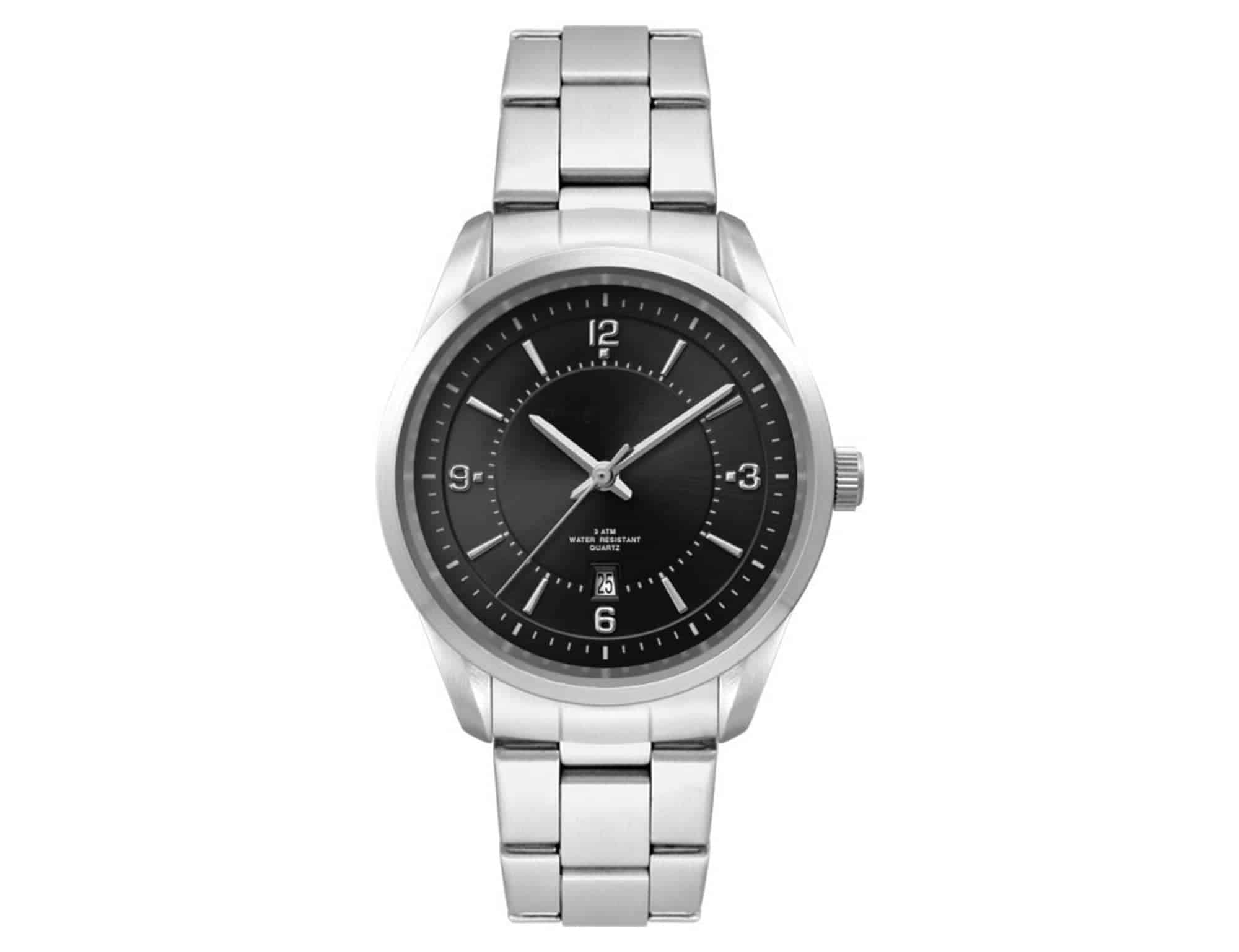 A stainless steel casual dress watch with a black dial and silver strap, featuring a logo on the face.