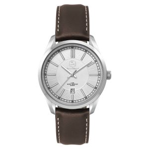 A silver ladies casual dress watch with a brown leather strap and a minimalist face design. It features a logo.