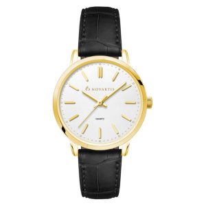 A ladies dress watch featuring a gold case, white dial, and black leather strap, with a logo on the dial.