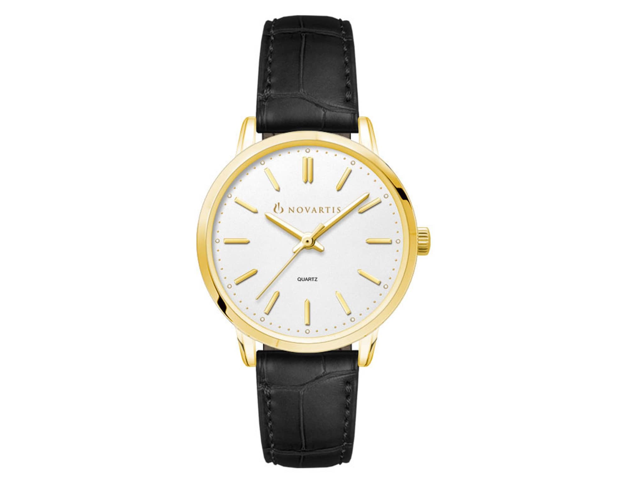 A ladies dress watch featuring a gold case, white dial, and black leather strap, with a logo on the dial.