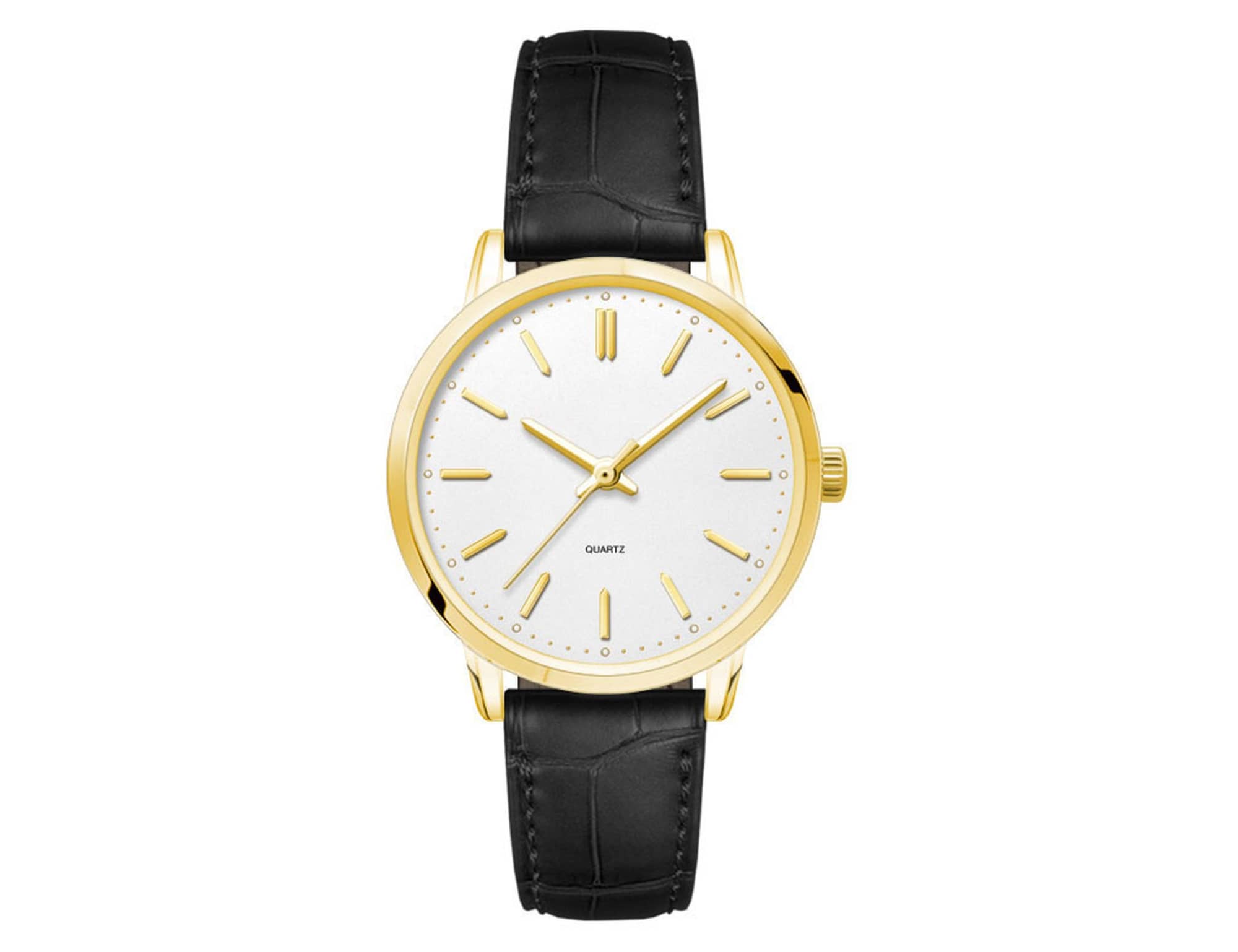 A gold ladies dress watch with a white dial and a black leather strap, featuring a minimalist design and a logo.