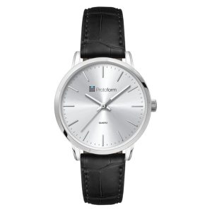 A ladies dress watch featuring a silver dial, black leather strap, and a logo on the face.