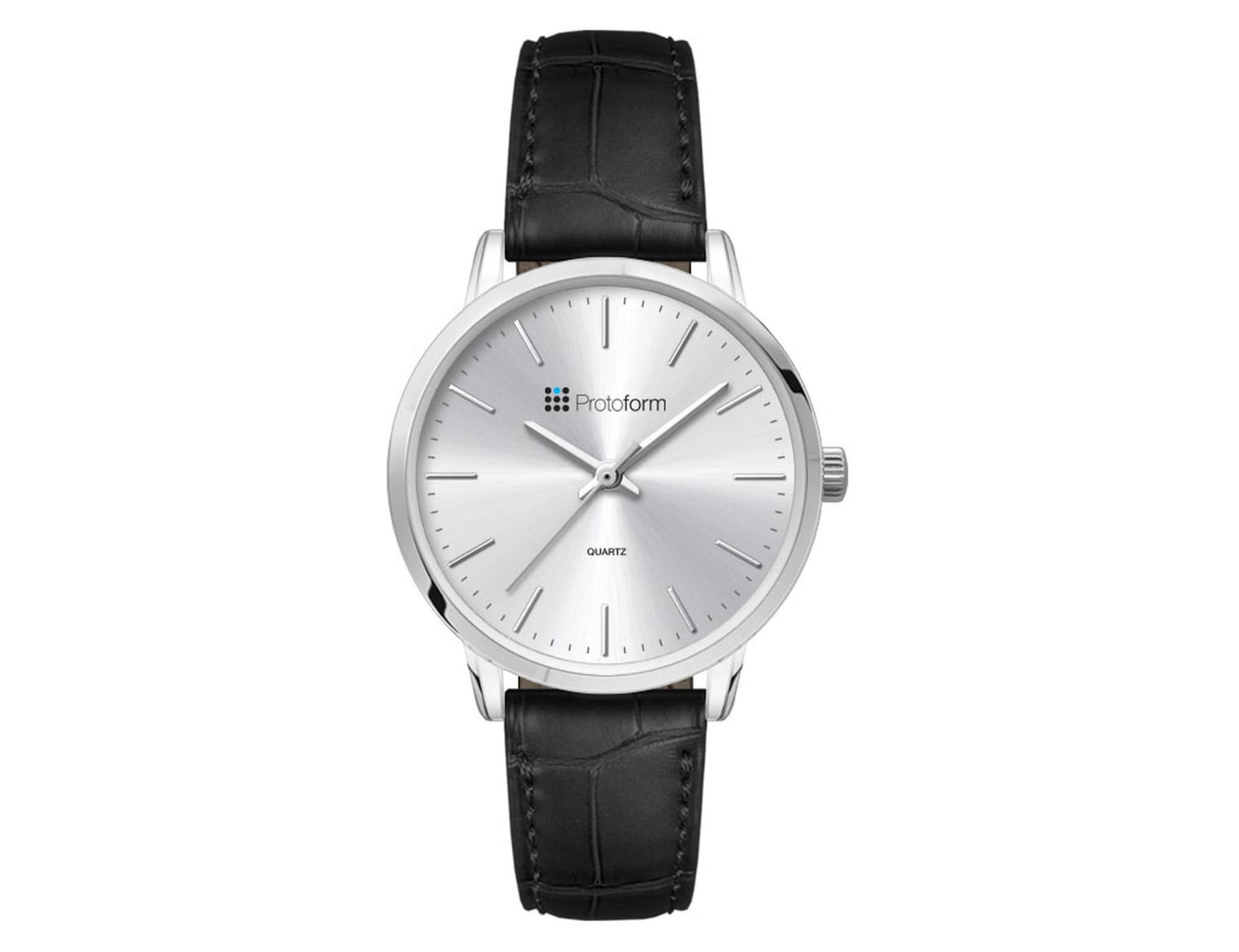 A ladies dress watch featuring a silver dial, black leather strap, and a logo on the face.