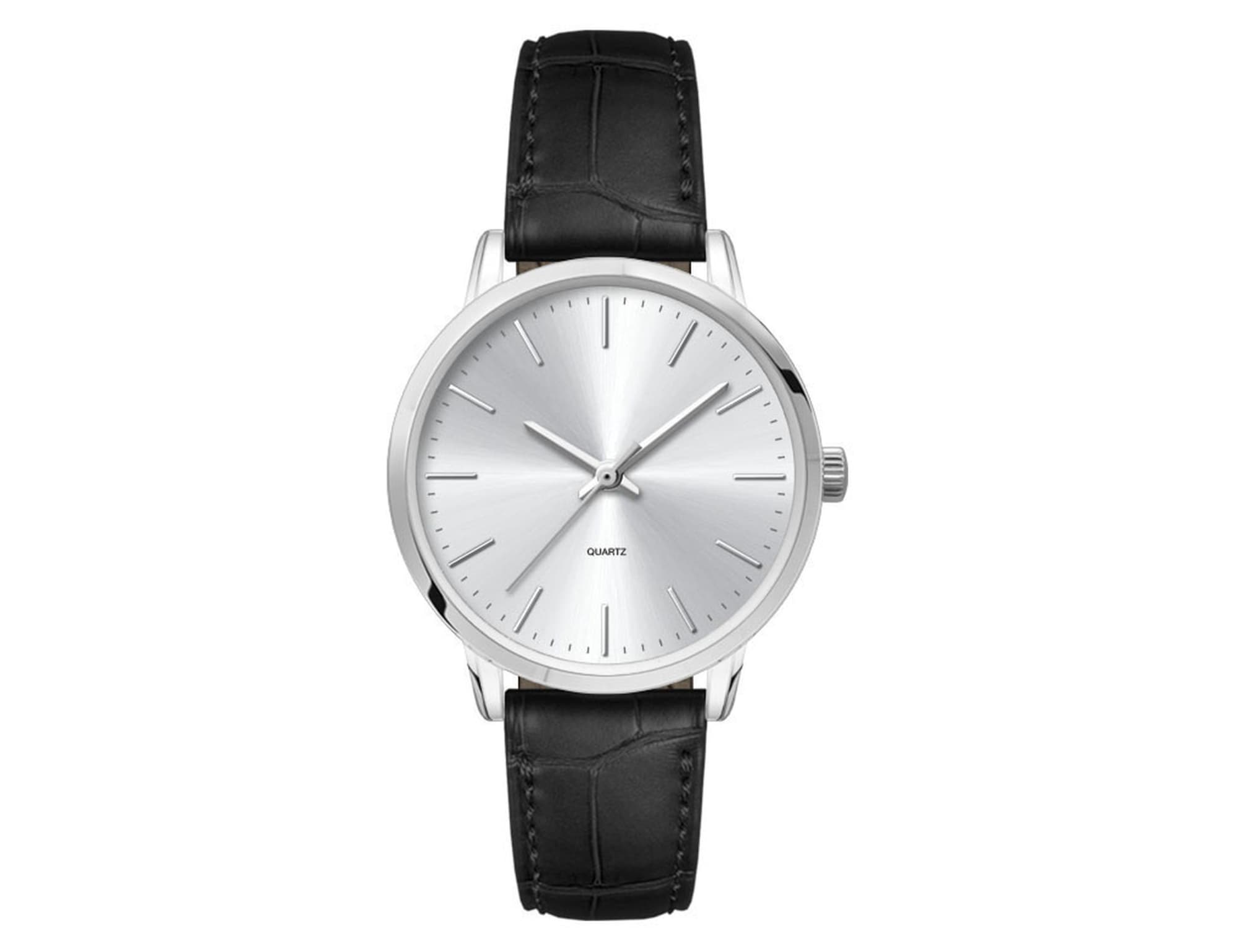 A ladies dress watch featuring a silver dial and a black leather strap, with a sleek, minimalist design.