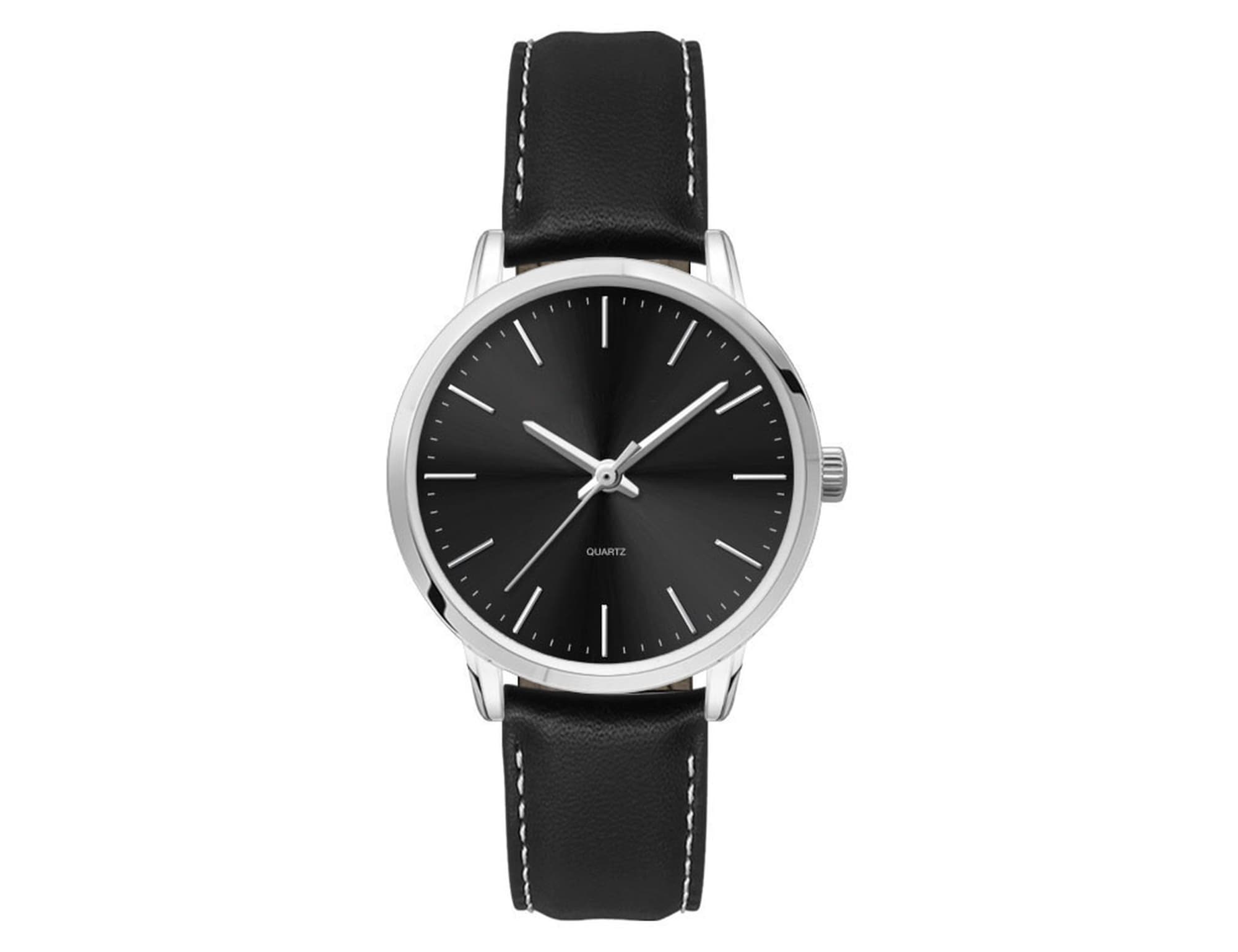 A ladies dress watch featuring a black dial, silver hands, and a black leather strap with white stitching.