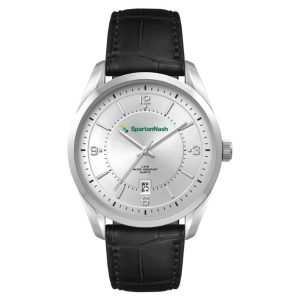 A men's casual dress watch featuring a silver face and a black leather strap, with a prominent logo on the dial.