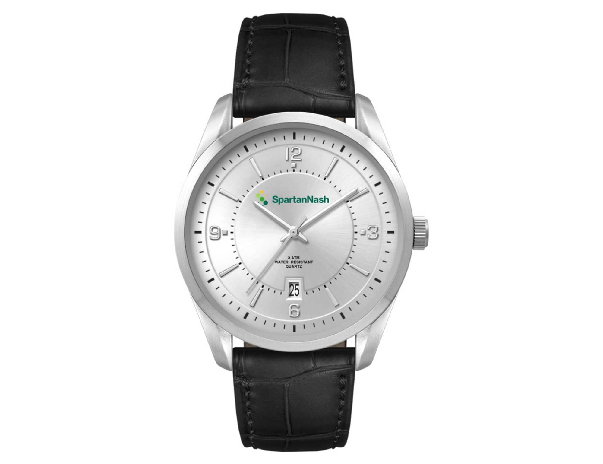 A men's casual dress watch featuring a silver face and a black leather strap, with a prominent logo on the dial.
