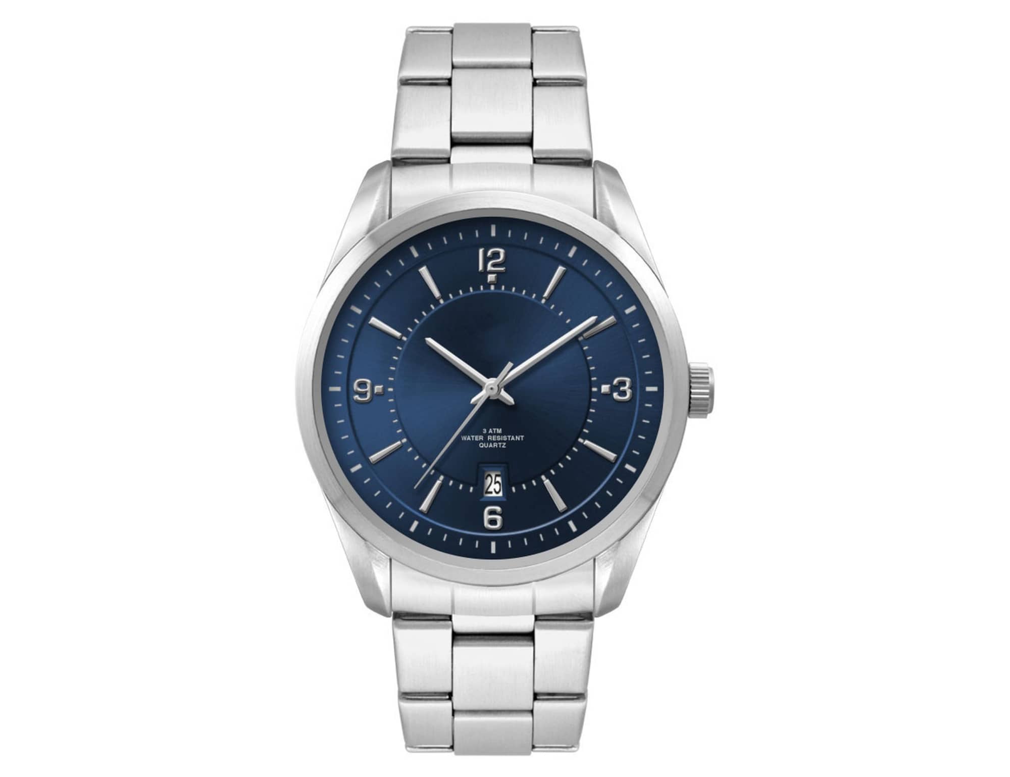 A stainless steel strap watch with a blue dial, featuring numeric hour markers and a date display.