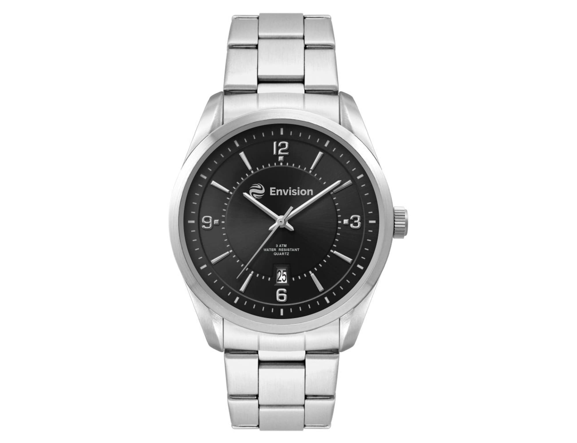 A men's casual dress watch featuring a stainless steel strap and a black dial with silver accents.