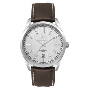A men's casual dress watch featuring a silver dial, stainless steel case, and brown leather strap. The watch has a logo.