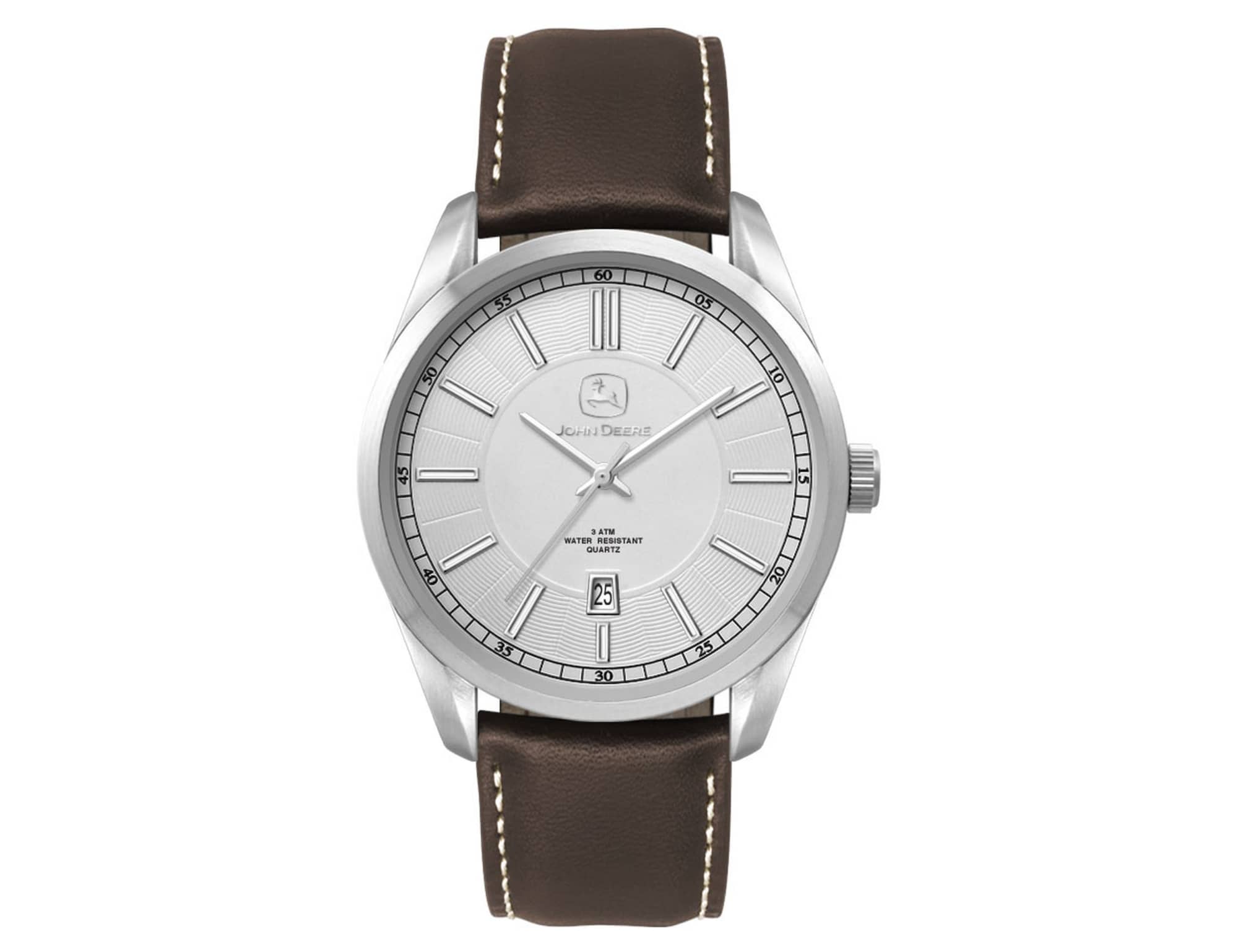 A men's casual dress watch featuring a silver dial, stainless steel case, and brown leather strap. The watch has a logo.