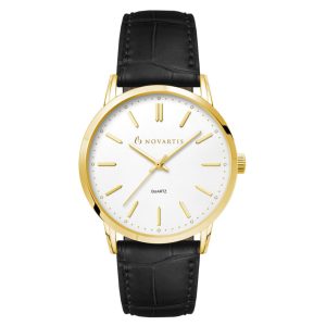 A men's dress watch featuring a gold case, white dial, and a black leather strap. It has a logo on the dial.