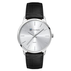 A men's dress watch featuring a silver dial and a black leather strap, with a sleek, minimalist design.
