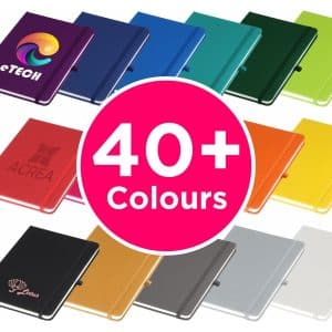 A range of A5 notebooks in various colours, with some featuring logos and branding elements.