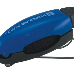 A blue sunglass holder with a clip, featuring a black base and a logo. Ideal for leisure and outdoor use.