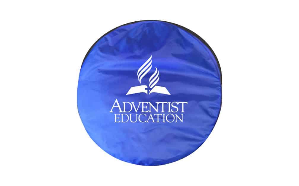 A round blue sunshade featuring a logo, designed for outdoor leisure activities.