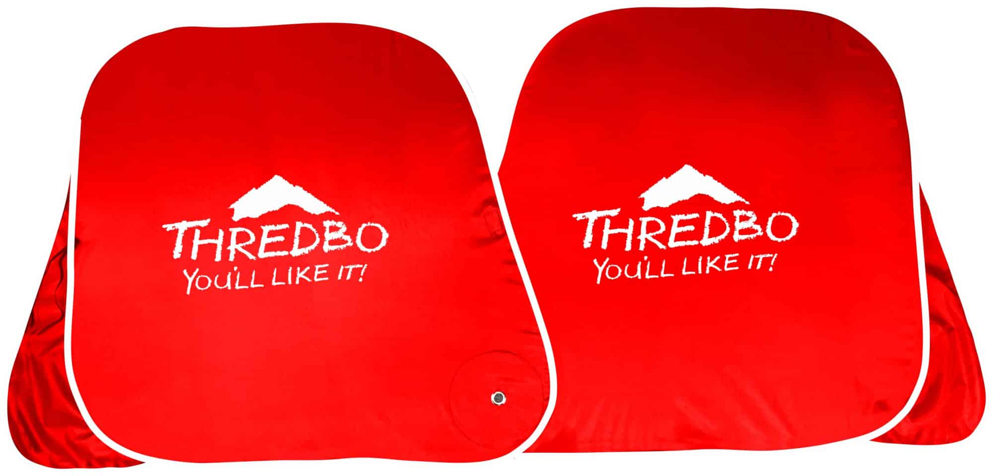 A red sunshade featuring a logo and text, designed for leisure and outdoor use.