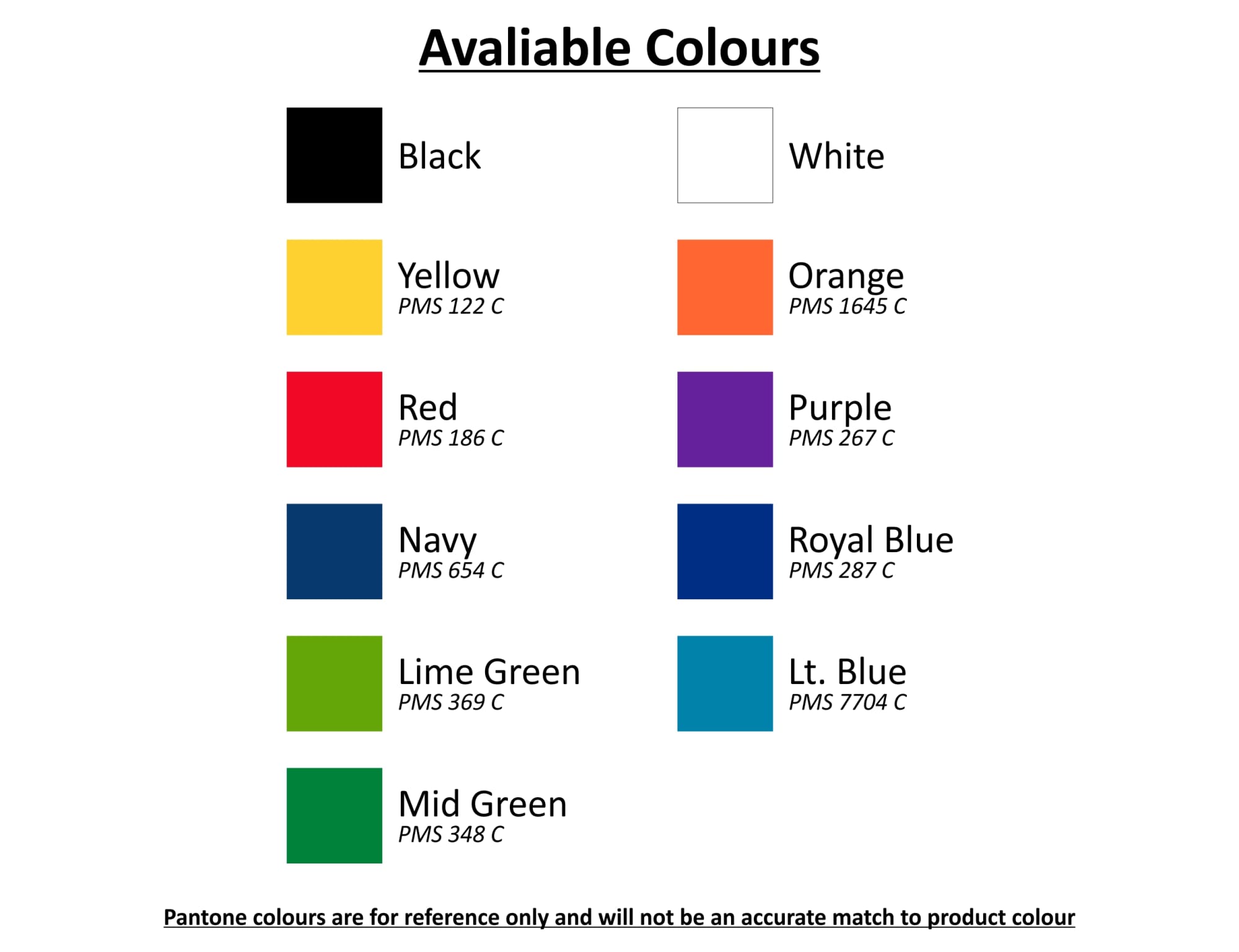 A colour chart featuring various shades including black, white, yellow, orange, red, purple, navy, royal blue, lime green, light blue, and mid green.
