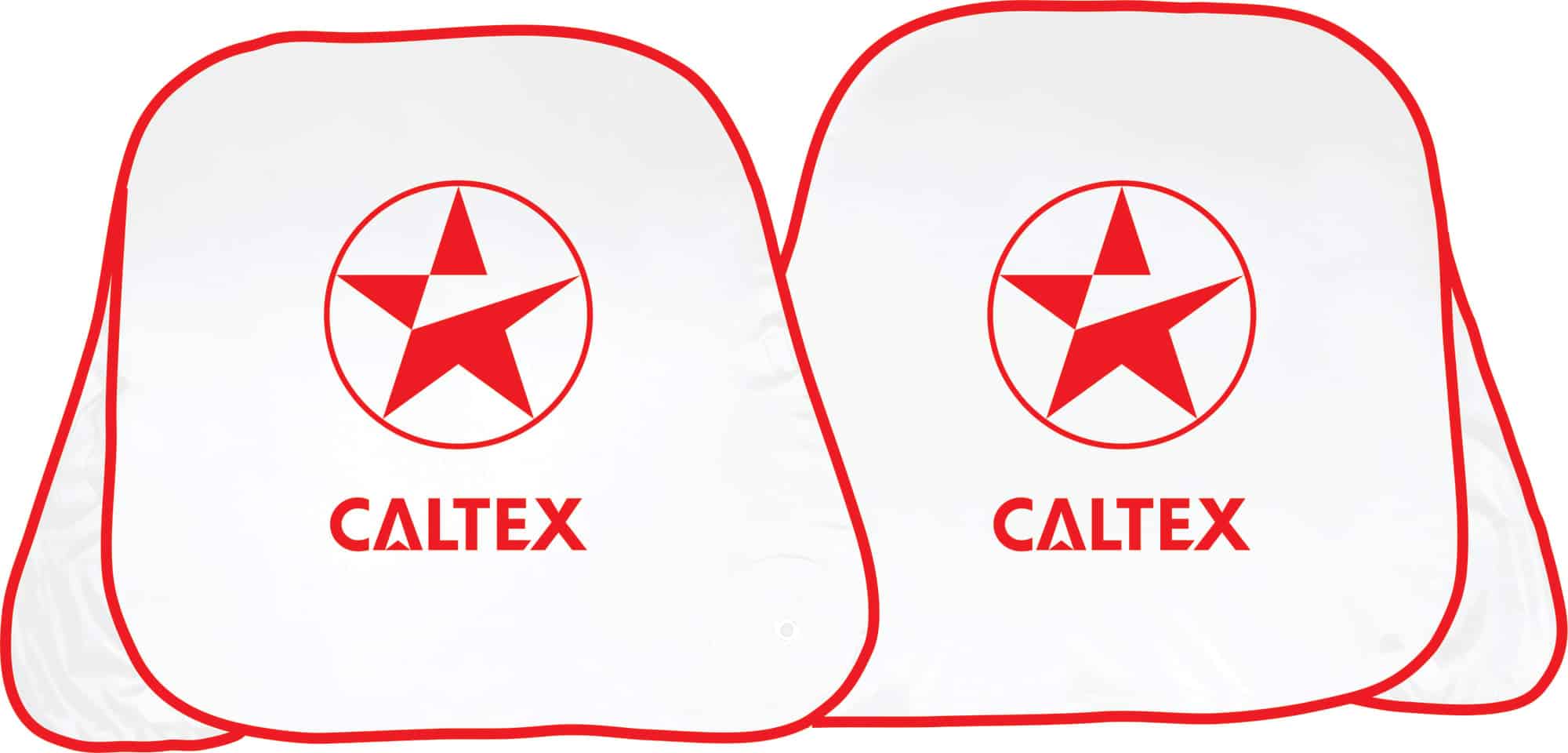 A pair of white sunshades featuring a red star logo and red trim, designed for leisure and outdoors.