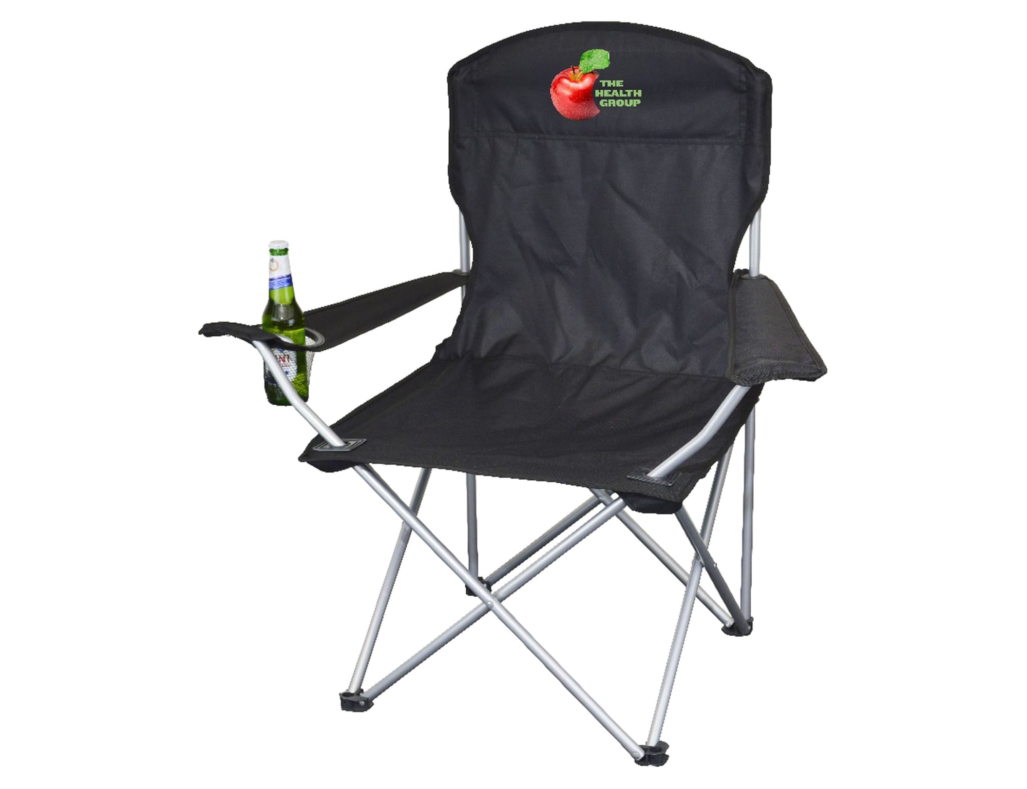 A black folding chair with silver frame, featuring a drink holder and a logo on the backrest.