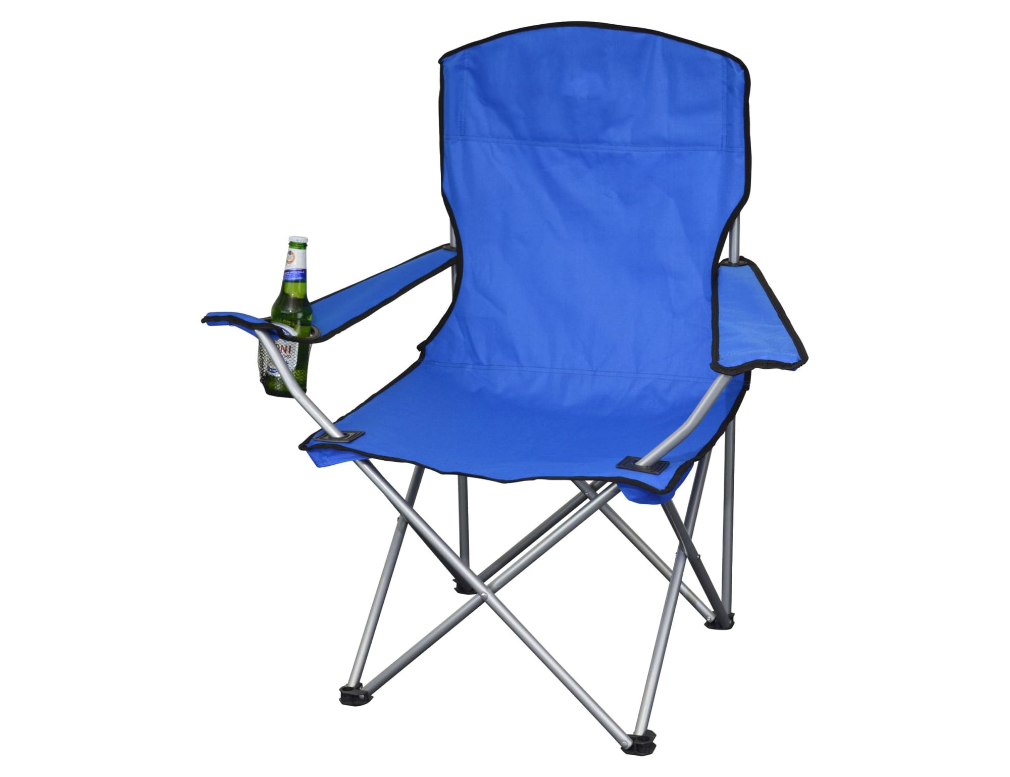 A blue folding outdoor chair with black trim and a drink holder on the side.