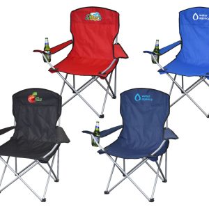 A set of four folding outdoor chairs in red, blue, black, and navy, each with a drink holder and logos.