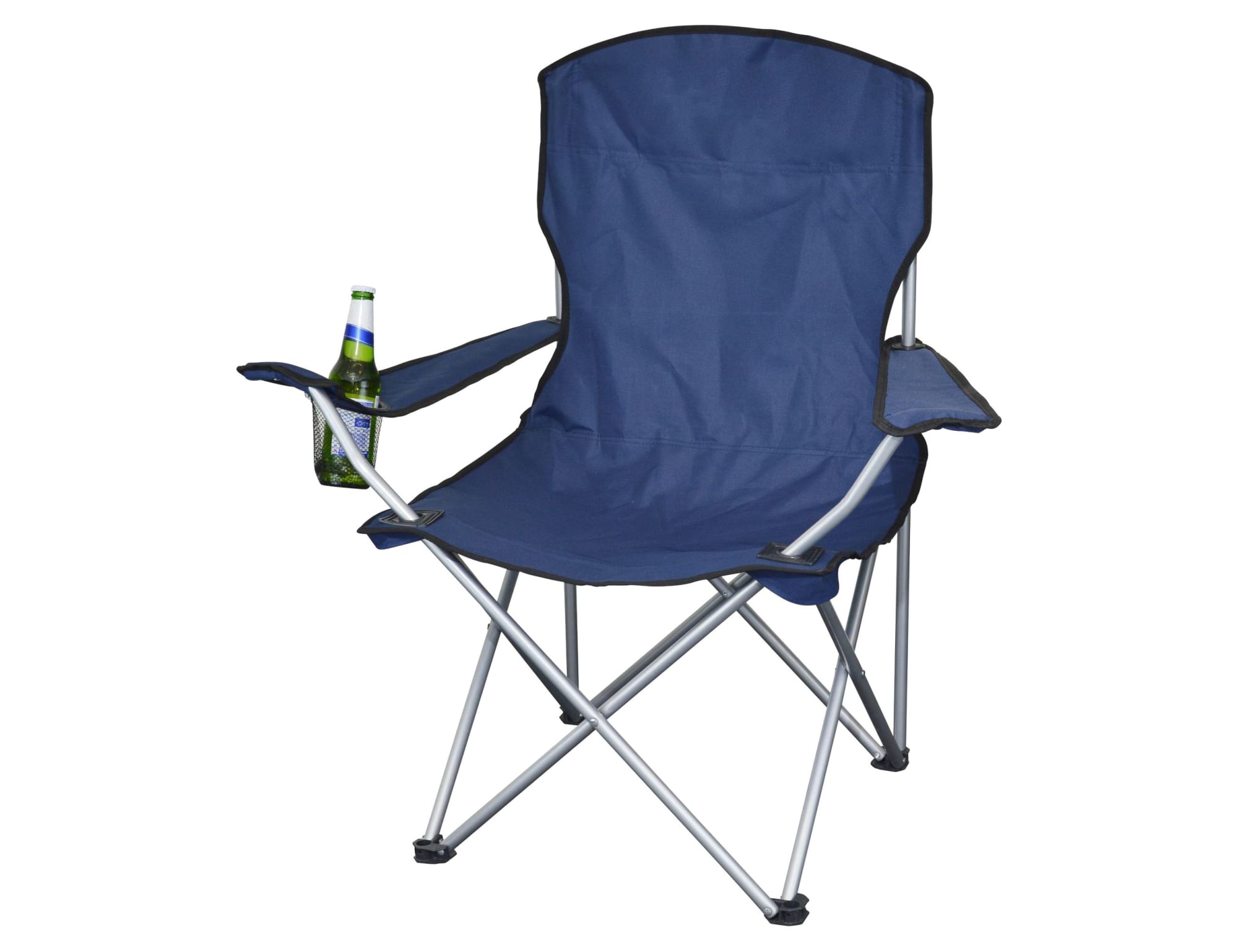 A navy blue folding outdoor chair with armrests and a drink bottle holder. It features a silver frame and has a logo.