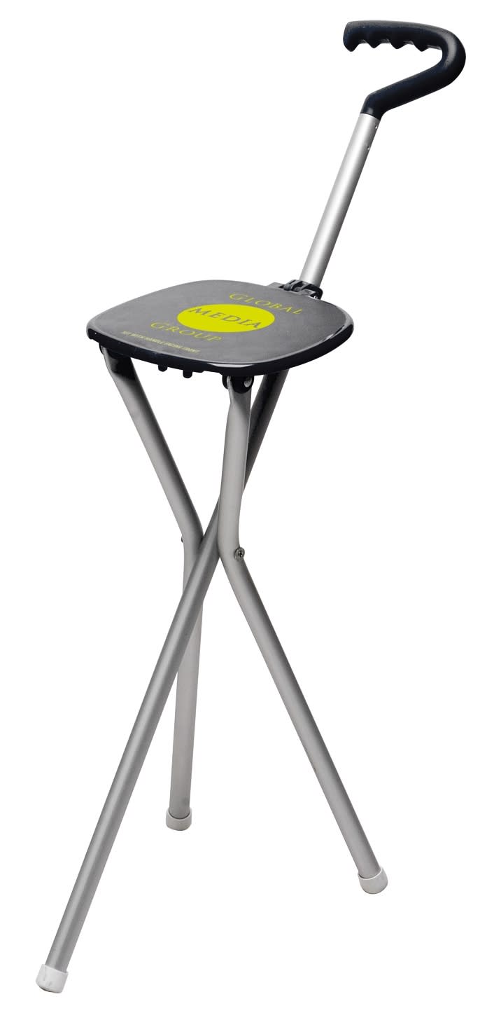 A lightweight, silver folding seat with a black seat and handle, featuring a logo on the top.