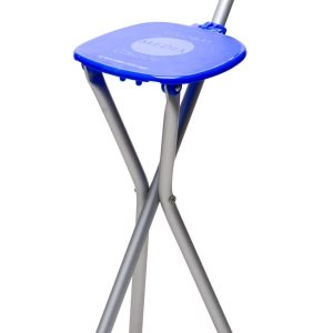 A blue folding seat with a handle, featuring a metallic frame and a compact design. It has a logo on the seat.