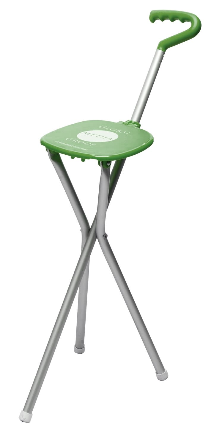A green folding chair with a handle and silver legs, featuring a simple design and a logo.