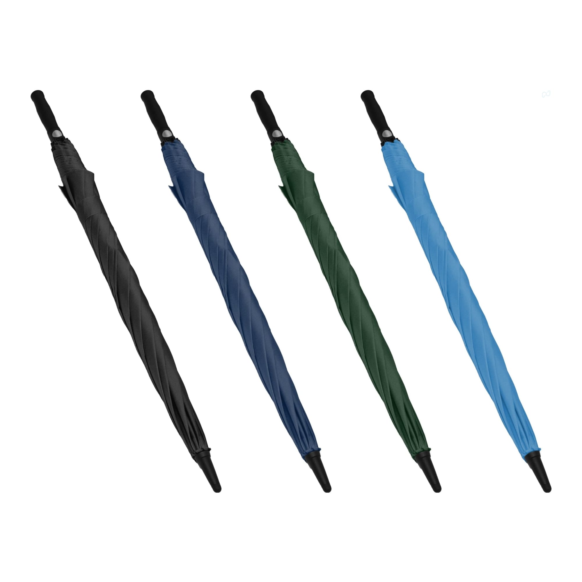 A set of four auto golf umbrellas in black, navy, green, and blue, featuring curved handles and a branded logo.
