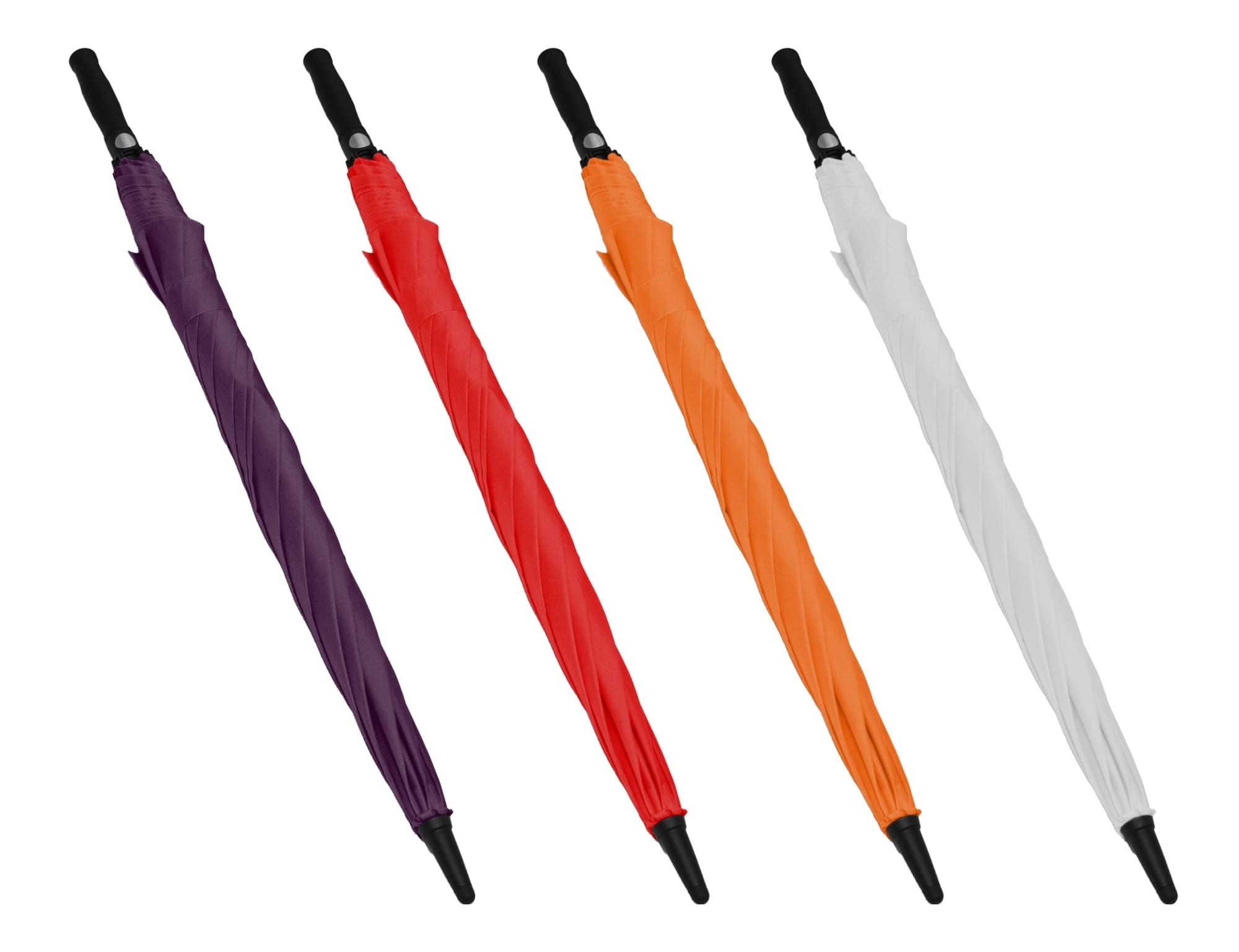 A set of four auto golf umbrellas in purple, red, orange, and white colours, each with a black handle and a logo.
