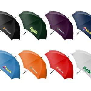 A range of eight golf umbrellas in black, green, purple, blue, orange, and white, each featuring a logo.