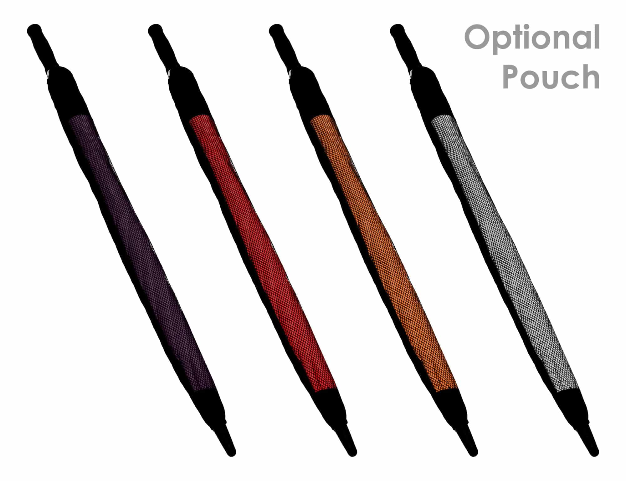 A set of four golf umbrellas in purple, red, orange, and white, each with a black handle and an optional pouch.