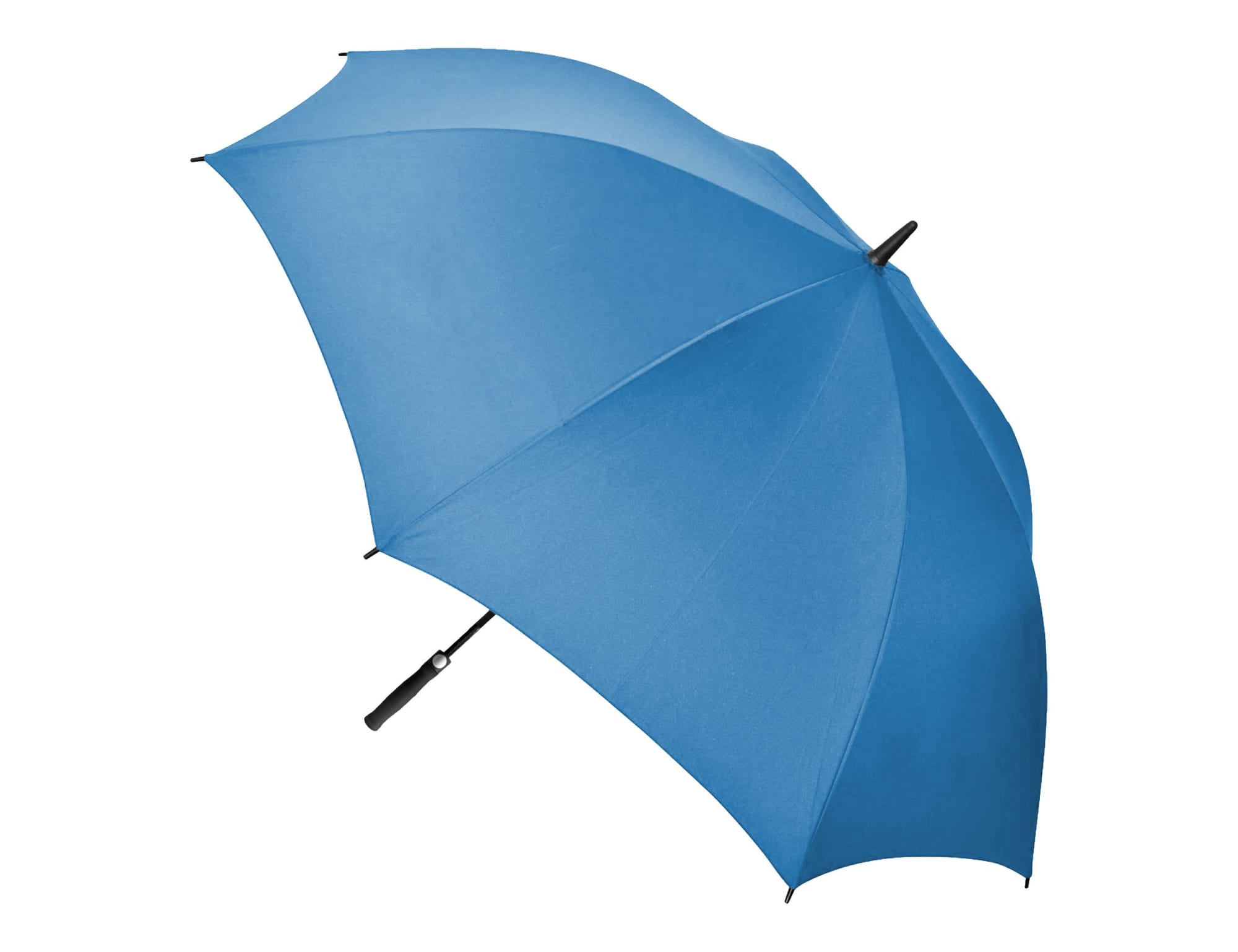A blue golf umbrella with a black handle and a logo is prominently displayed against a plain background.