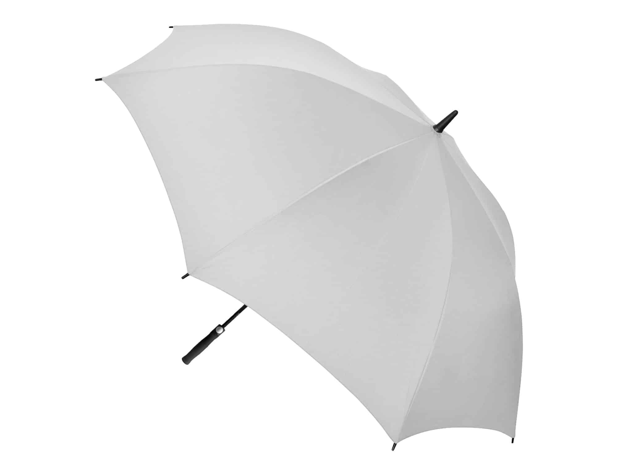 A white auto golf umbrella with a black handle and a logo on the canopy.
