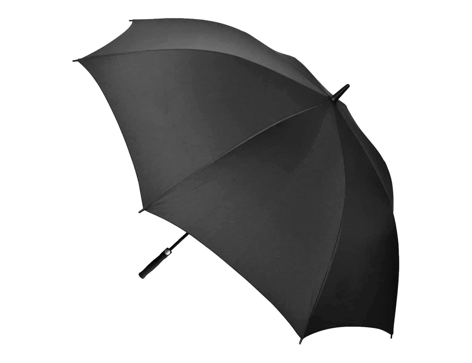 A black auto golf umbrella with a sleek design and a handle, featuring a logo on the handle.