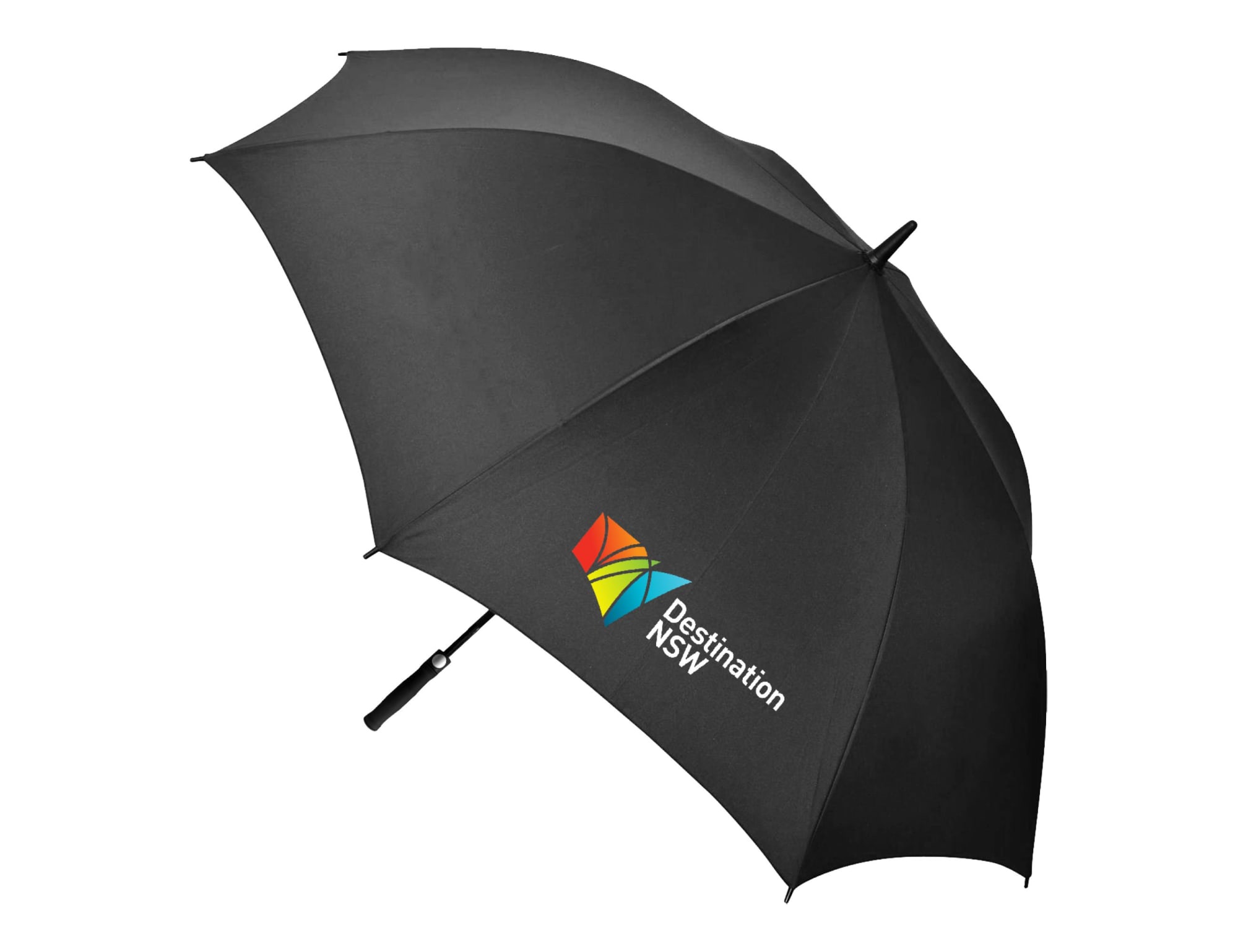 A black auto golf umbrella featuring a logo, ideal for outdoor use.