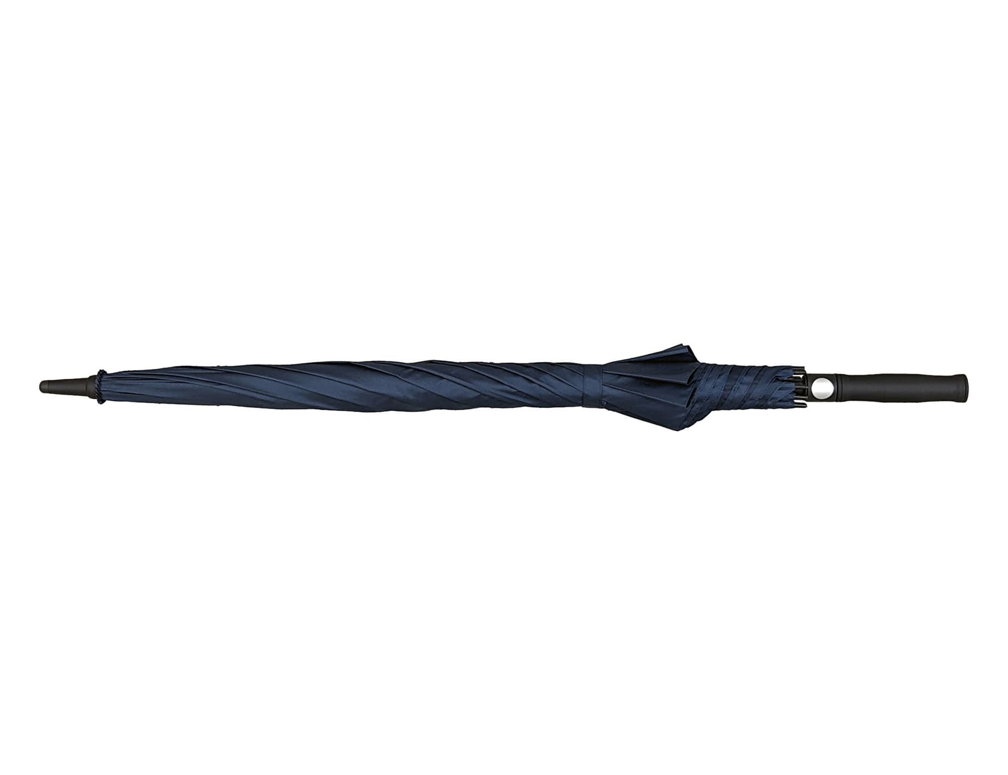 A navy blue auto golf umbrella with a black handle and a logo on the umbrella.